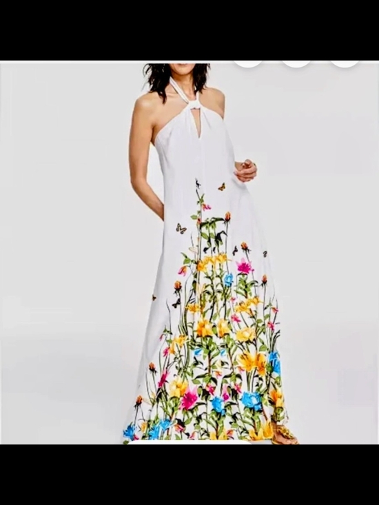 INC International Concepts Dresses & Skirts - INC International Concepts White Halter Maxi Dress with Floral Border
